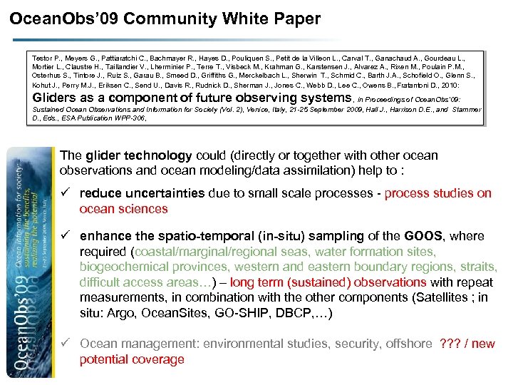Ocean. Obs’ 09 Community White Paper Testor P. , Meyers G. , Pattiaratchi C.