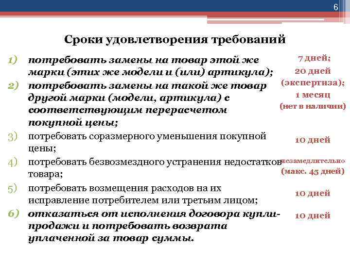 6 Сроки удовлетворения требований 7 дней; потребовать замены на товар этой же 20 дней