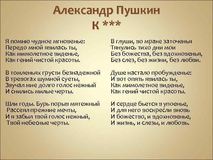 Александр Пушкин К *** Я помню чудное мгновенье: Передо мной явилась ты, Как мимолетное