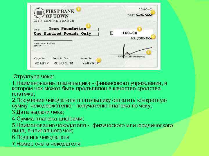 Структура чека: 1. Наименование плательщика - финансового учреждения, в котором чек может быть предъявлен