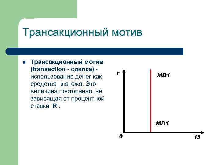 Трансакционный мотив l Трансакционный мотив (transaction - сделка) использование денег как средства платежа. Это