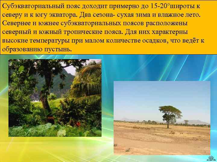 Субэкваториальный пояс доходит примерно до 15 -20°широты к северу и к югу экватора. Два