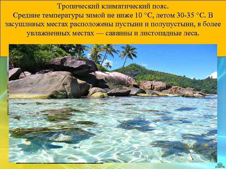 Тропический климатический пояс. Средние температуры зимой не ниже 10 °C, летом 30 -35 °С.