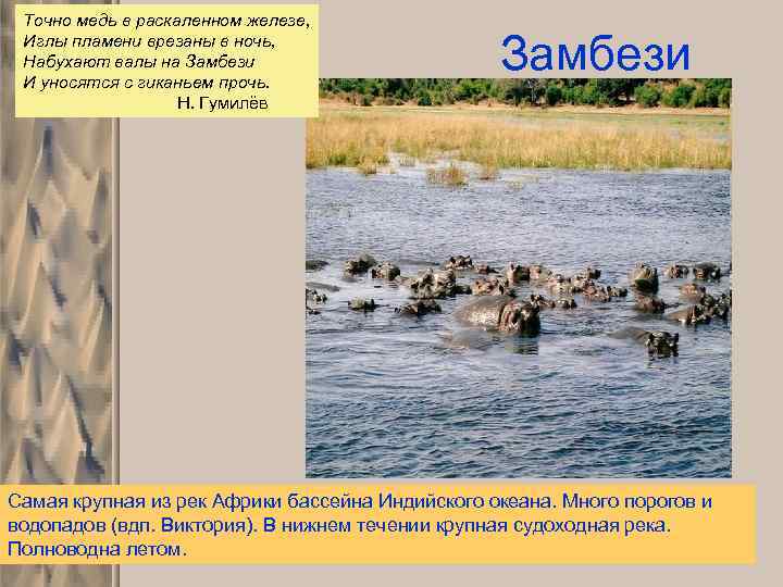 Точно медь в раскаленном железе, Иглы пламени врезаны в ночь, Набухают валы на Замбези