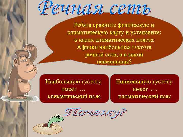 Ребята сравните физическую и климатическую карту и установите: в каких климатических поясах Африки наибольшая