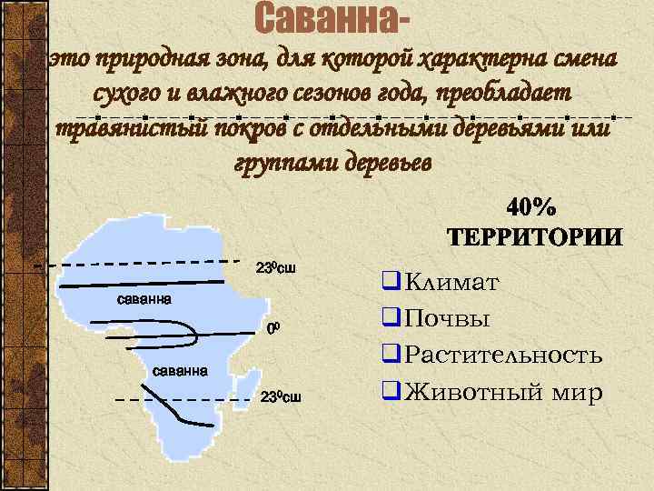 Саваннаэто природная зона, для которой характерна смена сухого и влажного сезонов года, преобладает травянистый