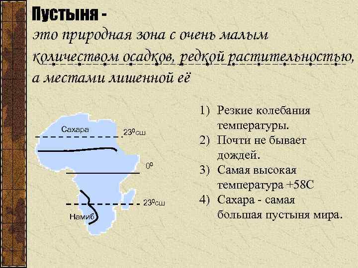 Пустыня это природная зона с очень малым количеством осадков, редкой растительностью, а местами лишенной