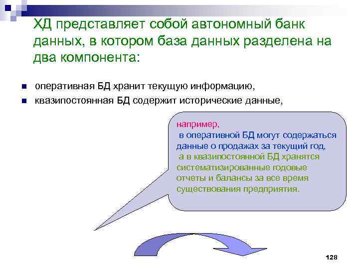 ХД представляет собой автономный банк данных, в котором база данных разделена на два компонента: