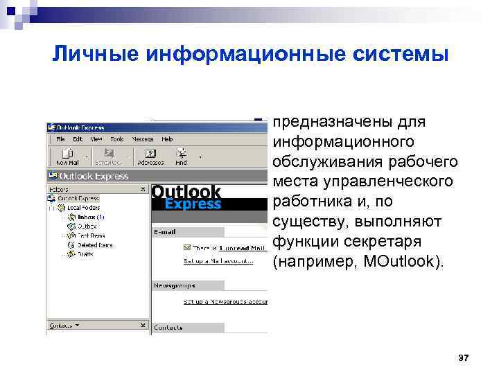 Личные информационные системы n предназначены для информационного обслуживания рабочего места управленческого работника и, по