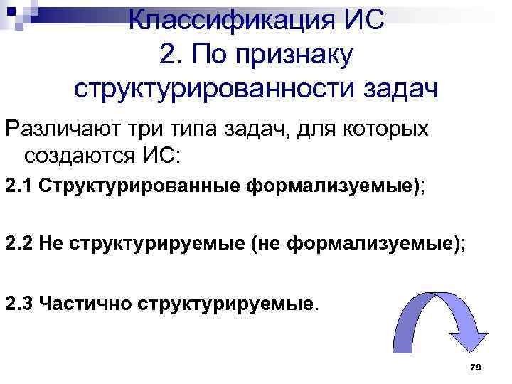 Классификация ИС 2. По признаку структурированности задач Различают три типа задач, для которых создаются