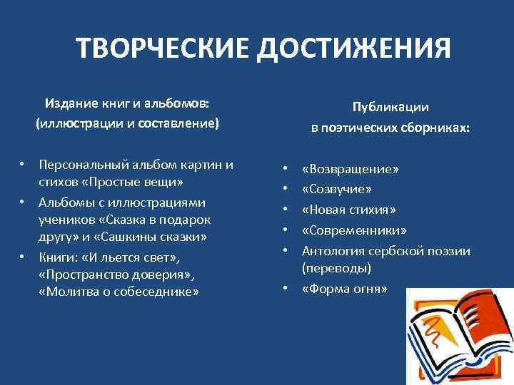 ТВОРЧЕСКИЕ ДОСТИЖЕНИЯ Издание книг и альбомов: (иллюстрации и составление) • Персональный альбом картин и