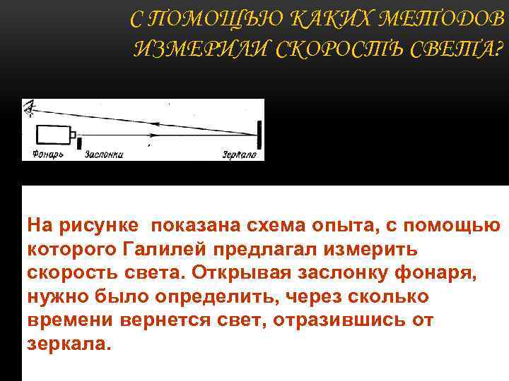 С ПОМОЩЬЮ КАКИХ МЕТОДОВ ИЗМЕРИЛИ СКОРОСТЬ СВЕТА? На рисунке показана схема опыта, с помощью