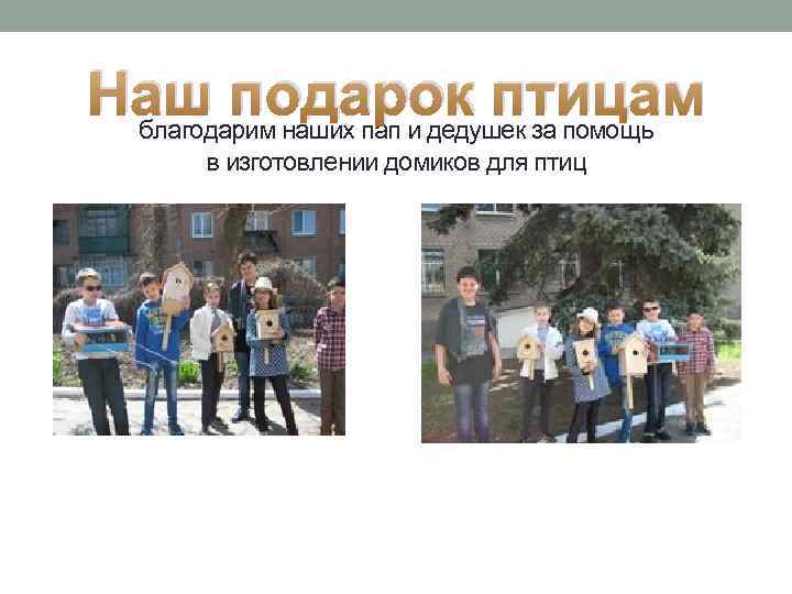 Наш подарок птицам благодарим наших пап и дедушек за помощь в изготовлении домиков для