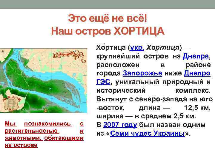 Это ещё не всё! Наш остров ХОРТИЦА Мы познакомились с растительностью и животными, обитающими