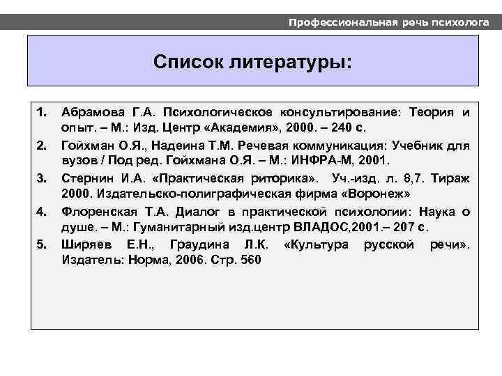 Профессиональная речь психолога Список литературы: 1. 2. 3. 4. 5. Абрамова Г. А. Психологическое