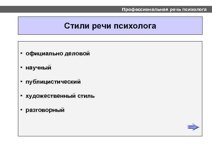 Профессиональная речь психолога Стили речи психолога • официально деловой • научный • публицистический •