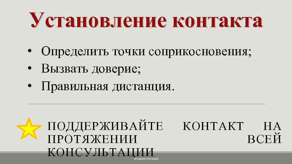 Установление контакта • Определить точки соприкосновения; • Вызвать доверие; • Правильная дистанция. ПОДДЕРЖИВАЙТЕ ПРОТЯЖЕНИИ