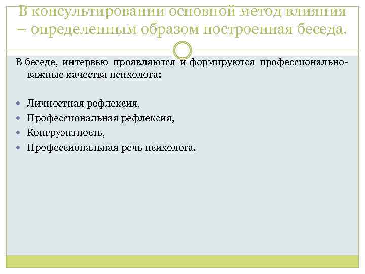 В консультировании основной метод влияния – определенным образом построенная беседа. В беседе, интервью проявляются