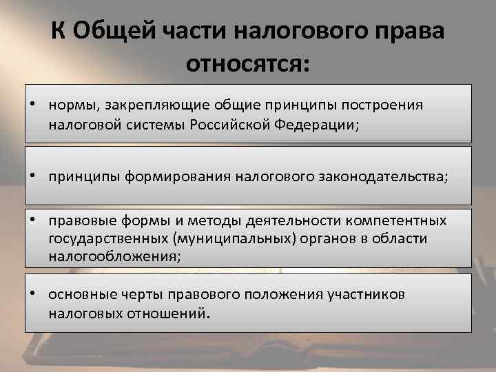 К Общей части налогового права относятся: • нормы, закрепляющие общие принципы построения налоговой системы