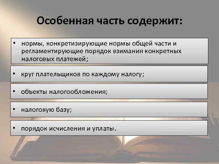 Особенная часть содержит: • нормы, конкретизирующие нормы общей части и регламентирующие порядок взимания конкретных