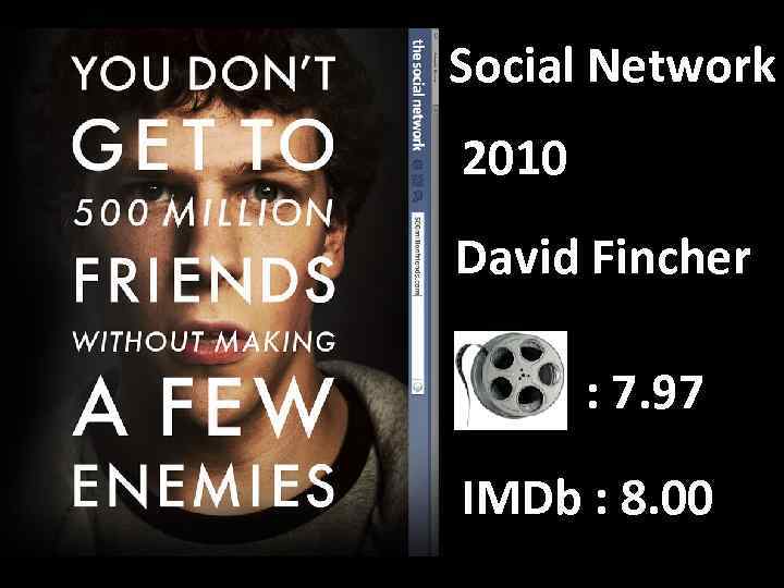 Social Network 2010 David Fincher : 7. 97 IMDb : 8. 00 