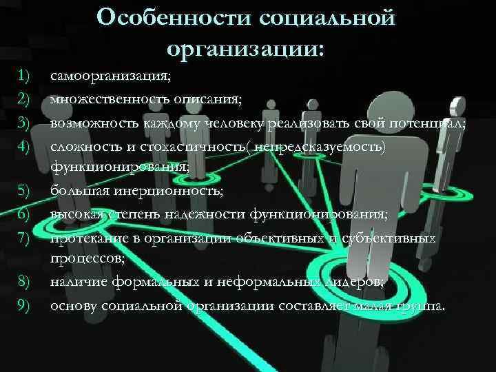 Особенности социальной организации: 1) 2) 3) 4) 5) 6) 7) 8) 9) самоорганизация; множественность