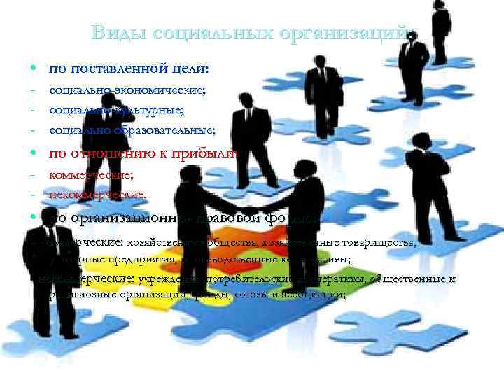 Виды социальных организаций: • по поставленной цели: - социально-экономические; - социально-культурные; - социально образовательные;