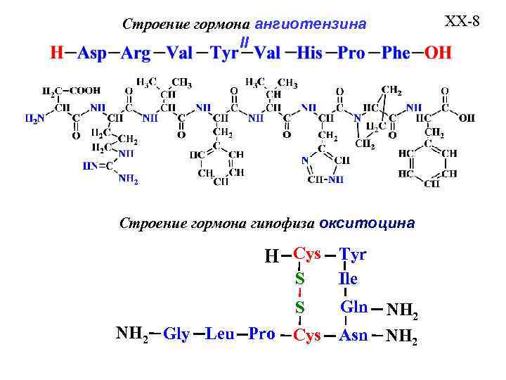 Строение гормона ангиотензина II Строение гормона гипофиза окситоцина H Cys Tyr S Ile S