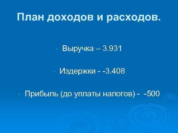 План доходов и расходов. • • • Выручка – 3. 931 Издержки - -3.