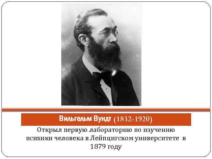 Вильгельм Вундт (1832 -1920) Открыл первую лабораторию по изучению психики человека в Лейпцигском университете