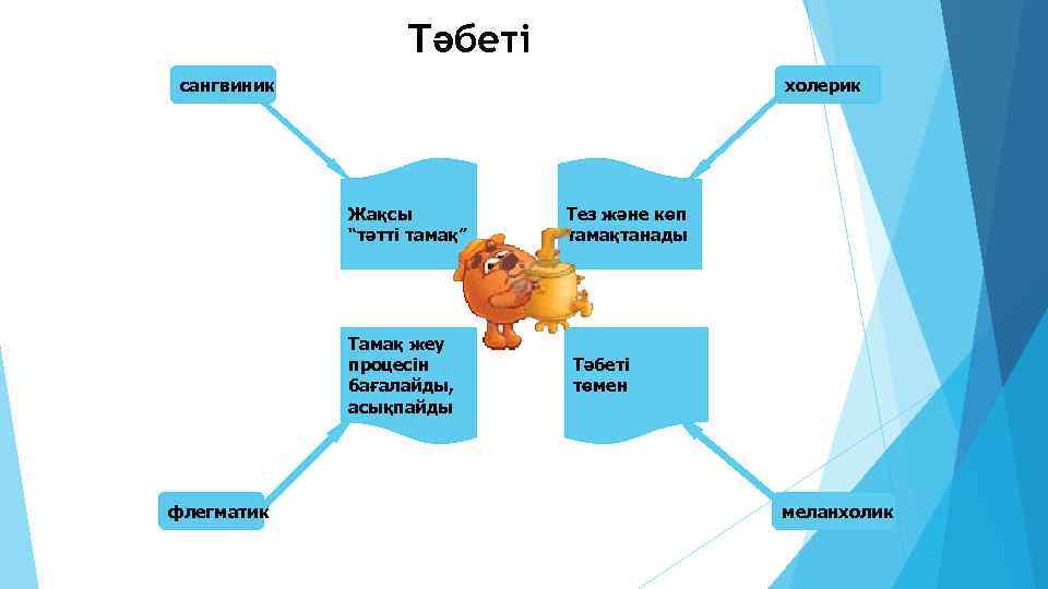Тәбеті сангвиник холерик Жақсы “тәтті тамақ” Тамақ жеу процесін бағалайды, асықпайды флегматик Тез және