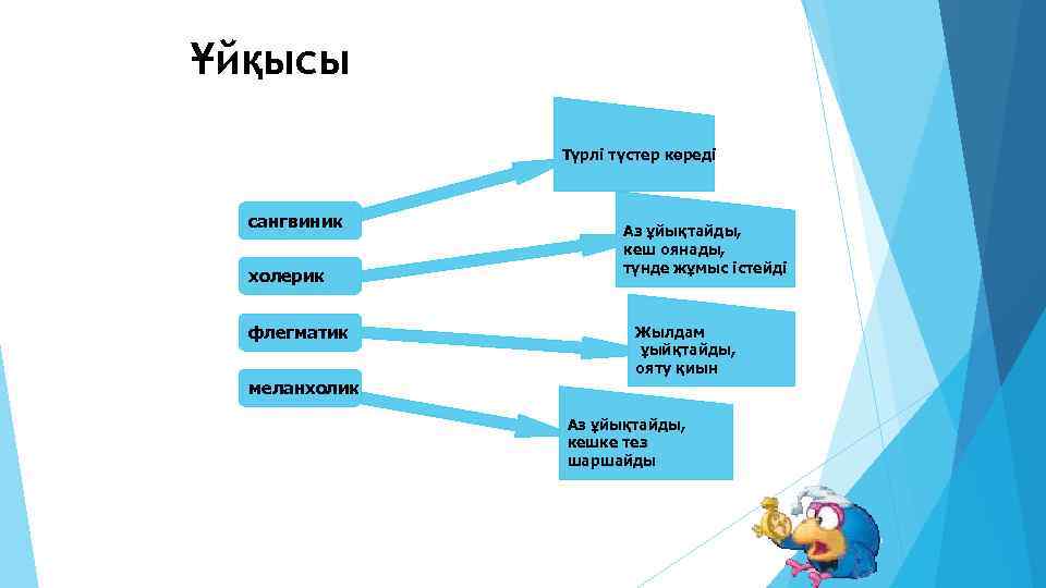 Ұйқысы Түрлі түстер көреді сангвиник холерик флегматик Аз ұйықтайды, кеш оянады, түнде жұмыс істейді