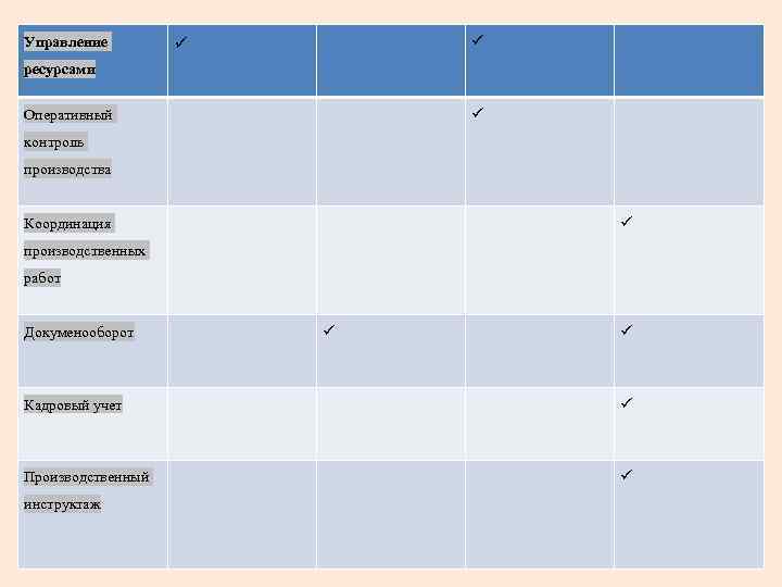 Управление ресурсами Оперативный контроль производства Координация производственных работ Докуменооборот Кадровый учет Производственный инструктаж 