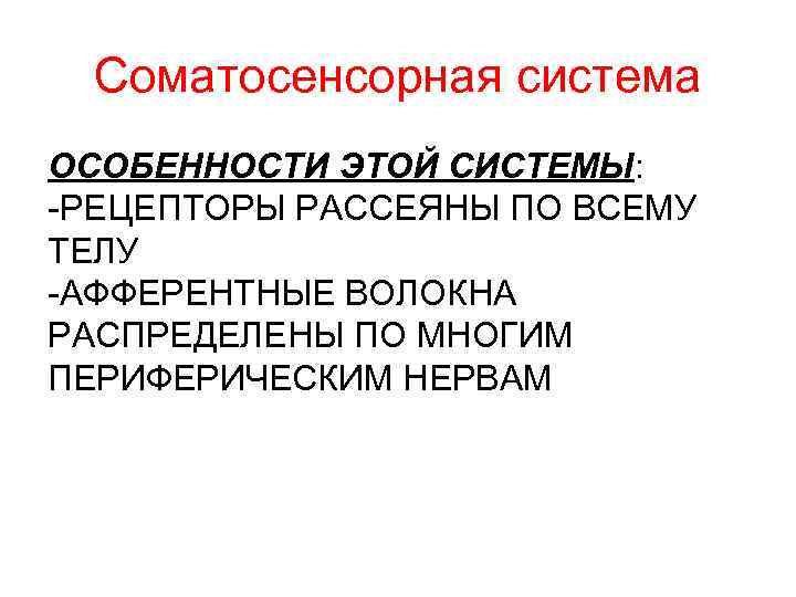 Соматосенсорная система ОСОБЕННОСТИ ЭТОЙ СИСТЕМЫ: -РЕЦЕПТОРЫ РАССЕЯНЫ ПО ВСЕМУ ТЕЛУ -АФФЕРЕНТНЫЕ ВОЛОКНА РАСПРЕДЕЛЕНЫ ПО