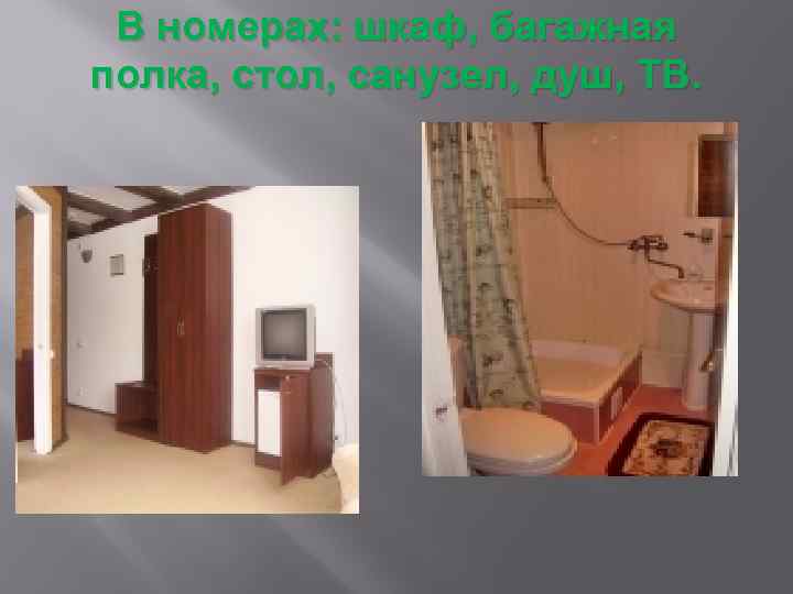 В номерах: шкаф, багажная полка, стол, санузел, душ, ТВ. 