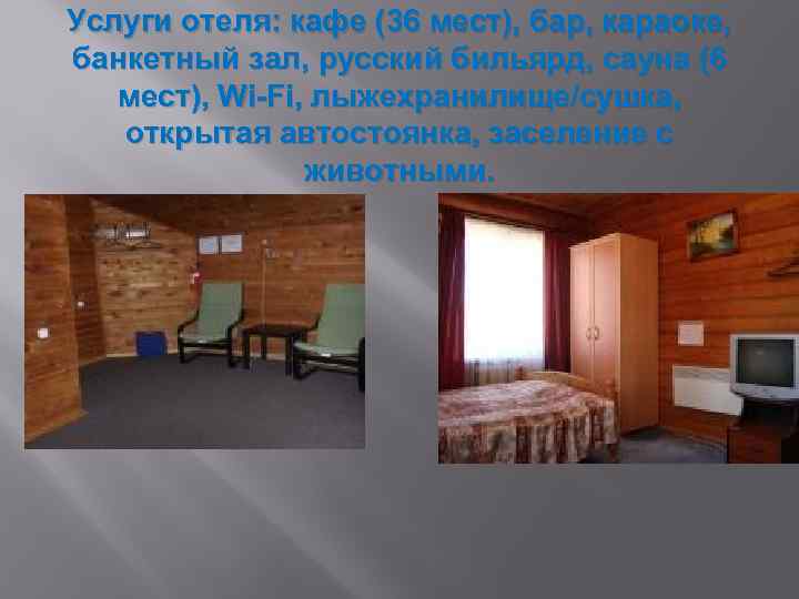 Услуги отеля: кафе (36 мест), бар, караоке, банкетный зал, русский бильярд, сауна (6 мест),