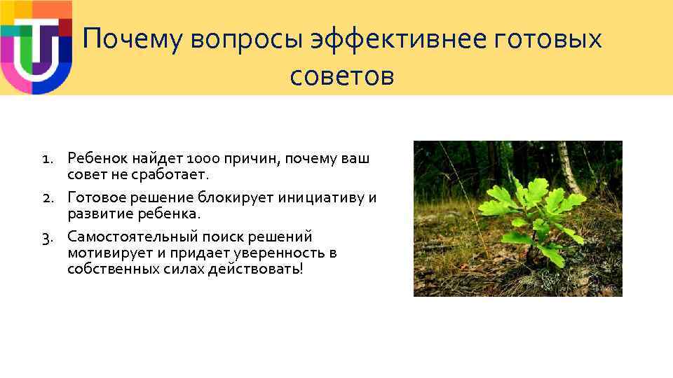 Почему вопросы эффективнее готовых советов 1. Ребенок найдет 1000 причин, почему ваш совет не