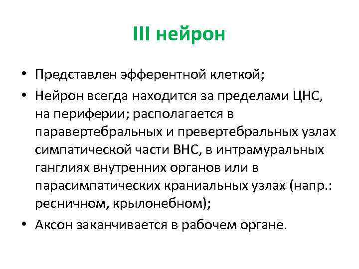 III нейрон • Представлен эфферентной клеткой; • Нейрон всегда находится за пределами ЦНС, на