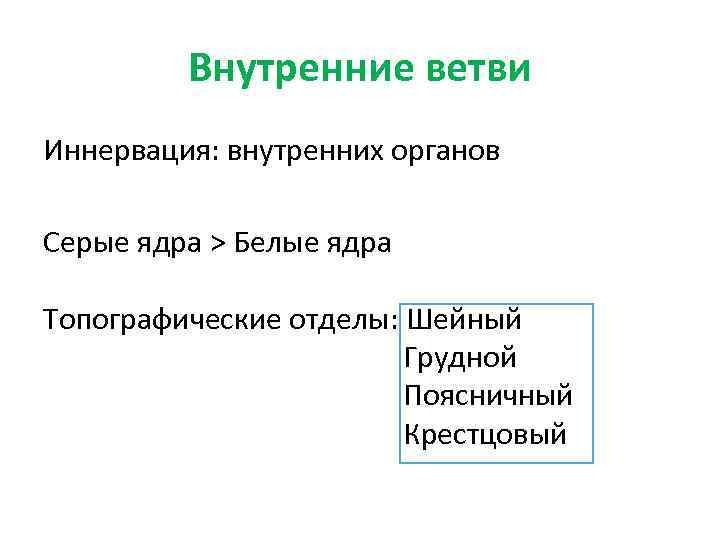 Внутренние ветви Иннервация: внутренних органов Серые ядра > Белые ядра Топографические отделы: Шейный Грудной