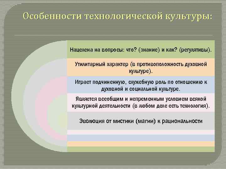 Особенности технологической культуры: Нацелена на вопросы: что? (знание) и как? (регулятивы). Утилитарный характер (в