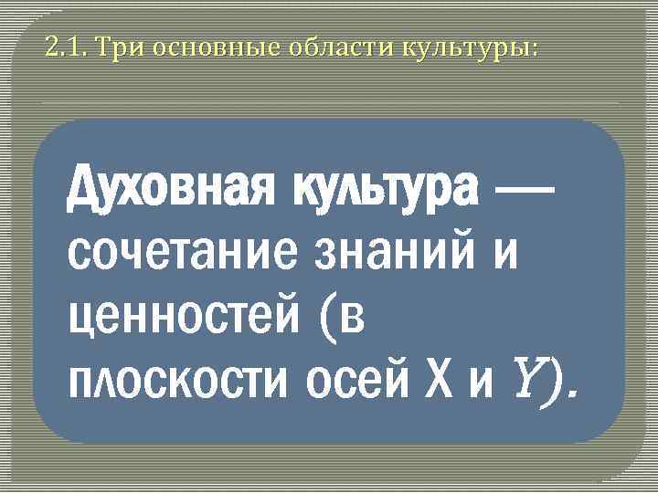 2. 1. Три основные области культуры: Духовная культура — сочетание знаний и ценностей (в