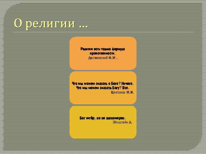 О религии … Религия есть только формула нравственности. Достоевский Ф. М. Что мы можем