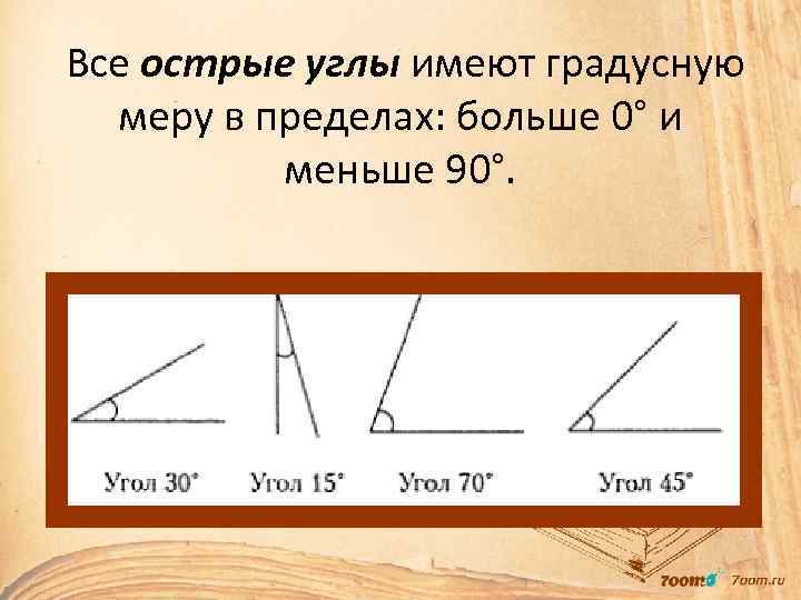  Все острые углы имеют градусную меру в пределах: больше 0° и меньше 90°.