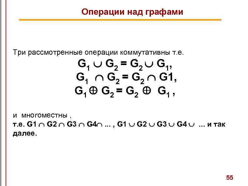 Операции над графами Три рассмотренные операции коммутативны т. е. G 1 G 2 =