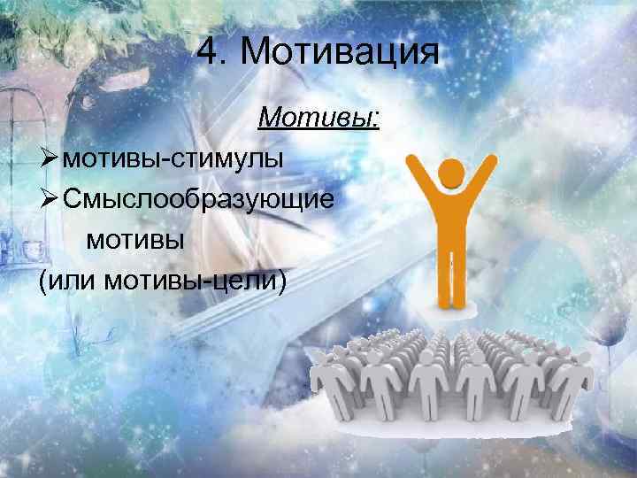 4. Мотивация Мотивы: Ø мотивы-стимулы Ø Смыслообразующие мотивы (или мотивы-цели) 