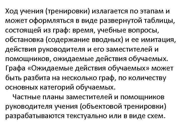 Ход учения (тренировки) излагается по этапам и может оформляться в виде развернутой таблицы, состоящей