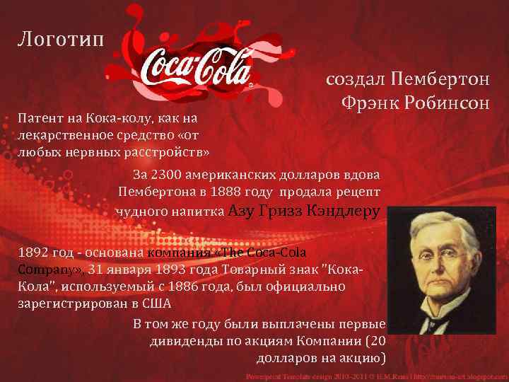 Логотип Патент на Кока-колу, как на лекарственное средство «от любых нервных расстройств» создал Пембертон