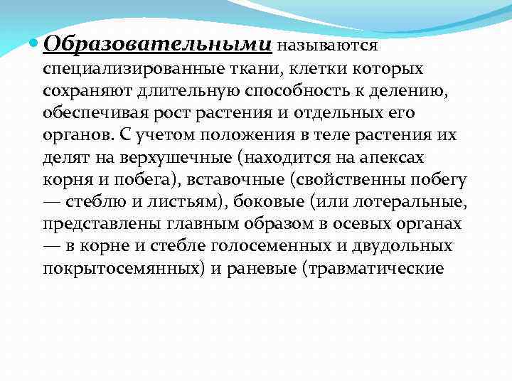  Образовательными называются специализированные ткани, клетки которых сохраняют длительную способность к делению, обеспечивая рост