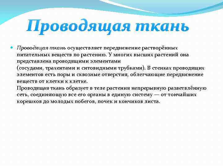 Проводящая ткань осуществляет передвижение растворённых питательных веществ по растению. У многих высших растений она