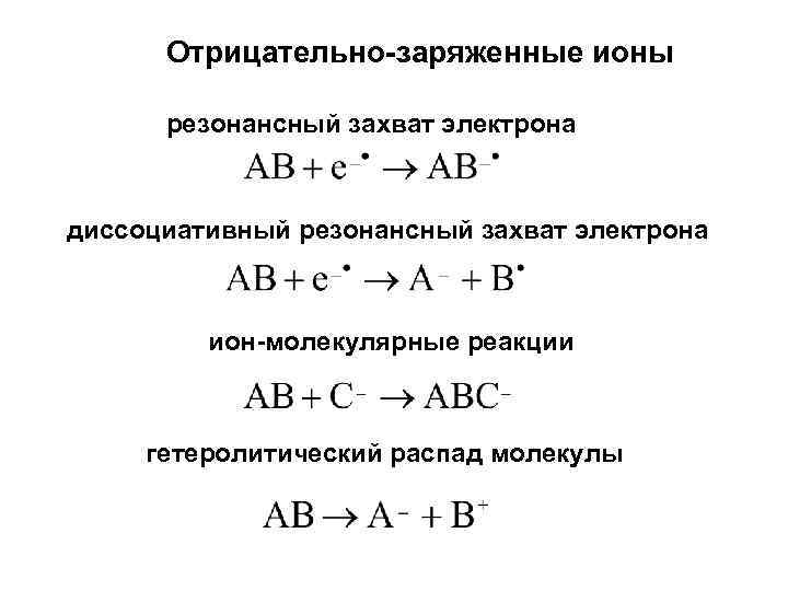 Отрицательно-заряженные ионы резонансный захват электрона диссоциативный резонансный захват электрона ион-молекулярные реакции гетеролитический распад молекулы
